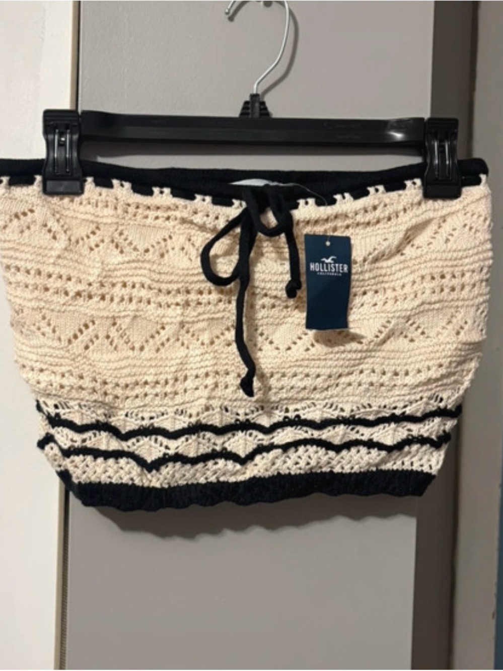 Hollister Cream Crochet Crop Top with Black Drawstring